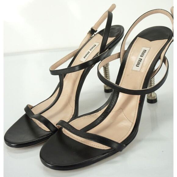 Miu Miu Black Leather Screw Bolt Heel T Strappy Sandal - Picture 9 of 10